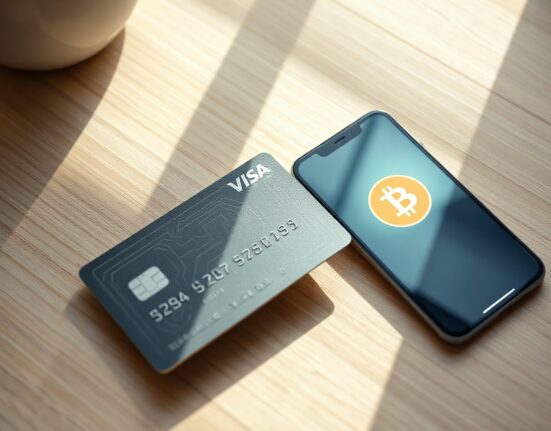 A modern crypto payment card and smartphone with a digital wallet app on a desk