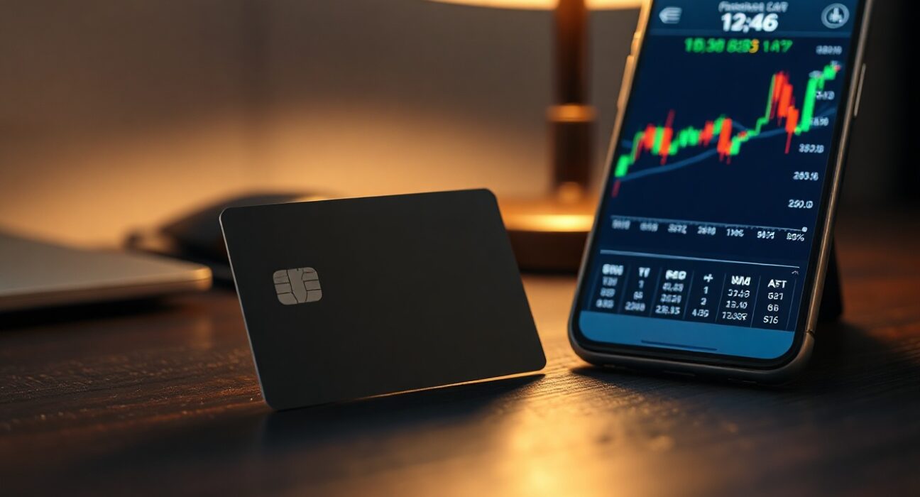 Crypto debit card and smartphone showing foreign exchange rate chart on a desk
