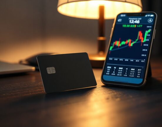 Crypto debit card and smartphone showing foreign exchange rate chart on a desk