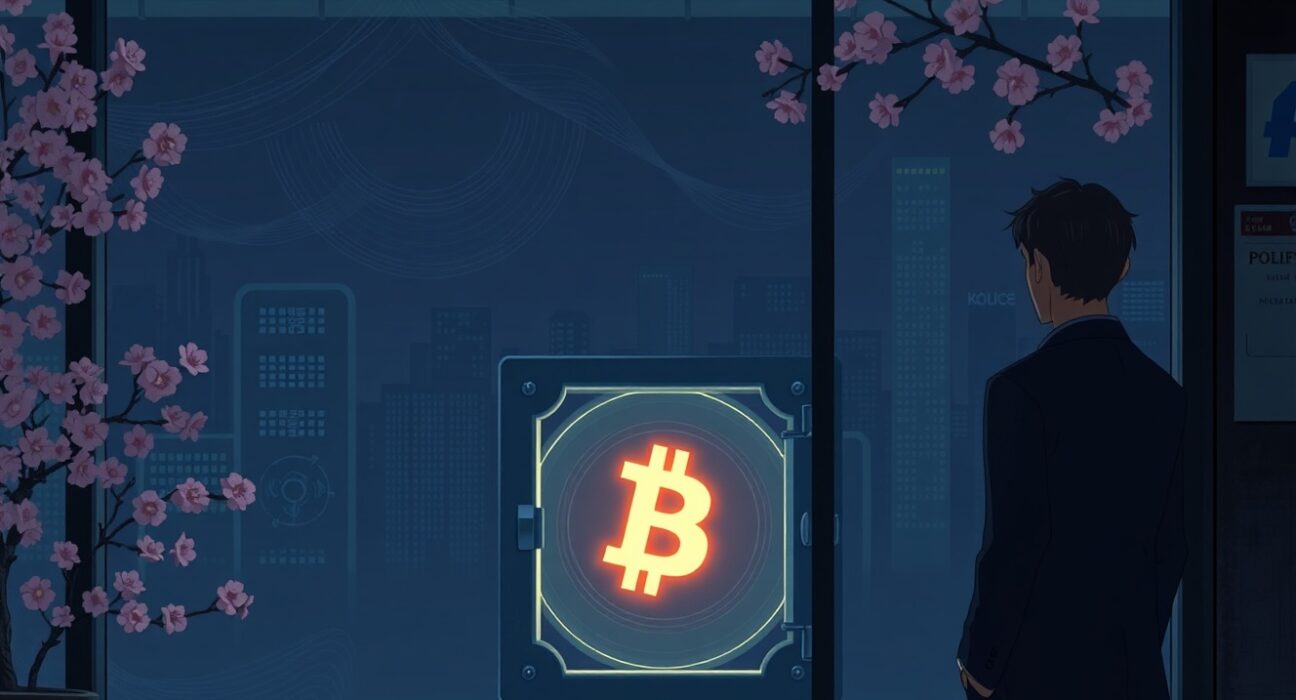 Illustration of a crypto CEO arrested for stealing Bitcoin from police evidence in Seoul