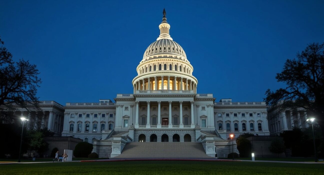 U.S. Capitol Building at dusk, representing the legislative focus on crypto regulation.