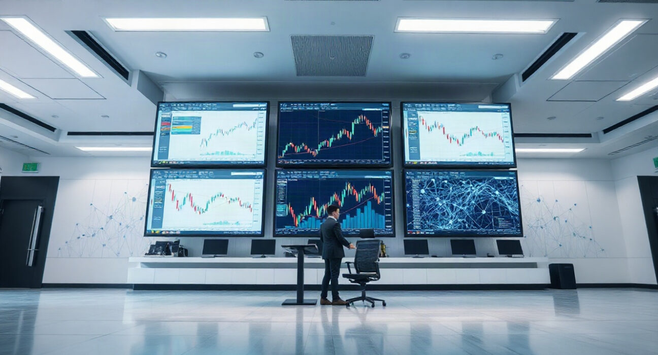 Trading screens displaying AI prediction market data in a modern financial environment