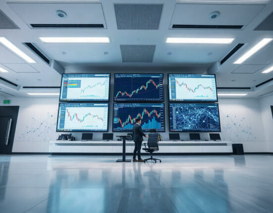 Trading screens displaying AI prediction market data in a modern financial environment