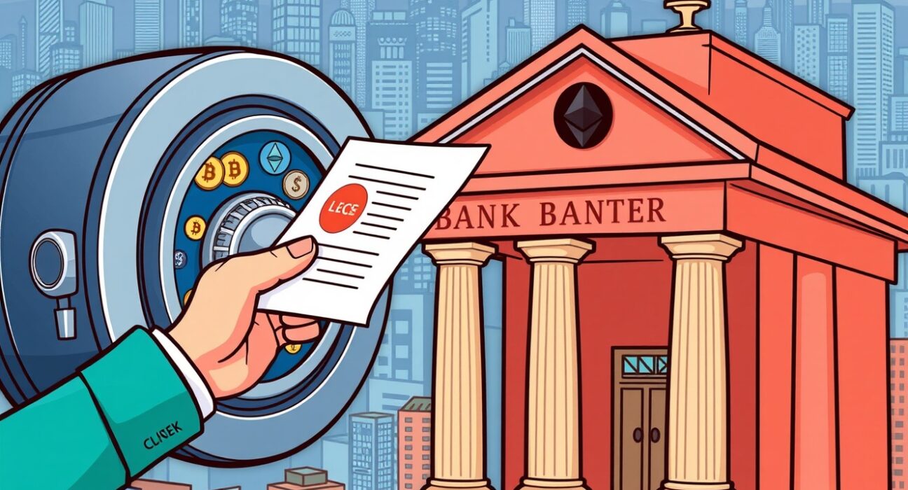 Cartoon illustrating Crypto.com's application for a national trust bank charter, bridging crypto and traditional banking.