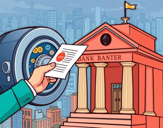 Cartoon illustrating Crypto.com's application for a national trust bank charter, bridging crypto and traditional banking.