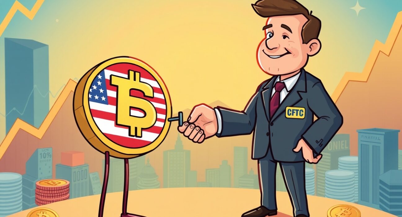 Illustration of a digital coin receiving a Crypto.com margin derivatives license approval from a regulatory body.