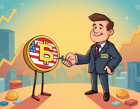 Illustration of a digital coin receiving a Crypto.com margin derivatives license approval from a regulatory body.