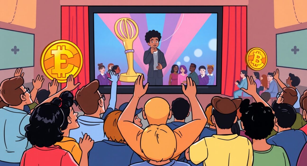 Cartoon illustration of people celebrating while engaging in Crypto.com entertainment betting on a movie awards show.