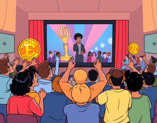 Cartoon illustration of people celebrating while engaging in Crypto.com entertainment betting on a movie awards show.