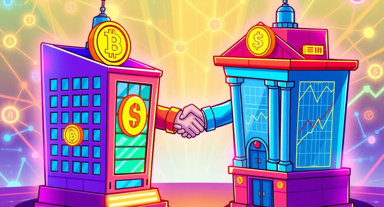 Crypto.com partnership illustration showing cryptocurrency and traditional finance collaboration for institutional digital asset management
