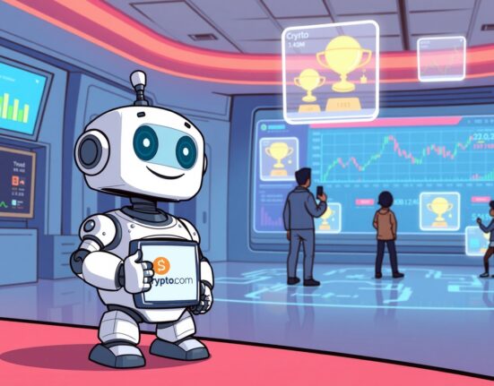 Cartoon illustration of a Crypto.com prediction market maker analyzing sports data on a futuristic screen.