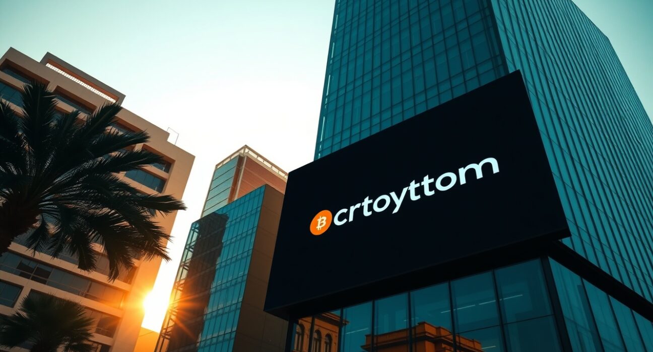 Crypto.com logo displayed on a digital screen in Dubai's financial district, symbolizing its new UAE Central Bank license.