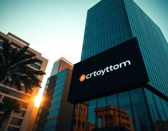 Crypto.com logo displayed on a digital screen in Dubai's financial district, symbolizing its new UAE Central Bank license.