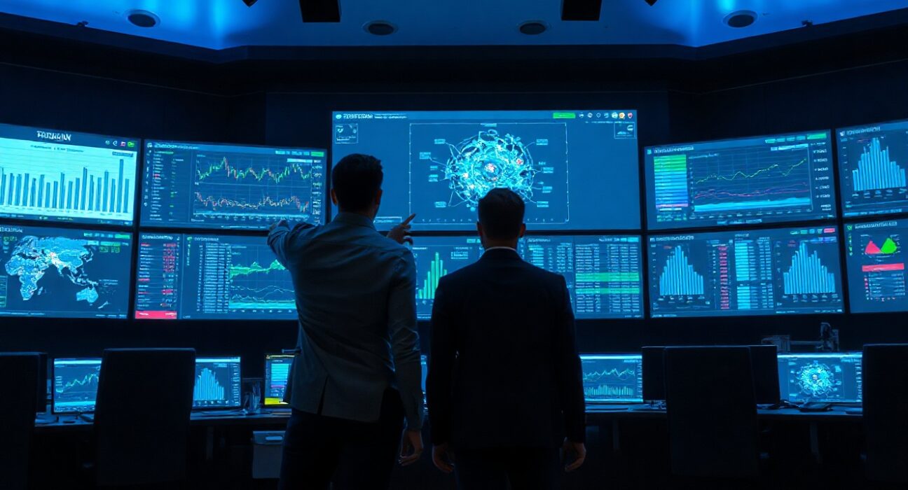 Financial analysts monitoring blockchain compliance dashboards in a high-tech control room