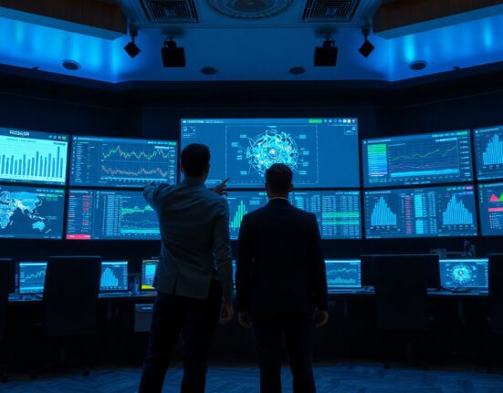 Financial analysts monitoring blockchain compliance dashboards in a high-tech control room