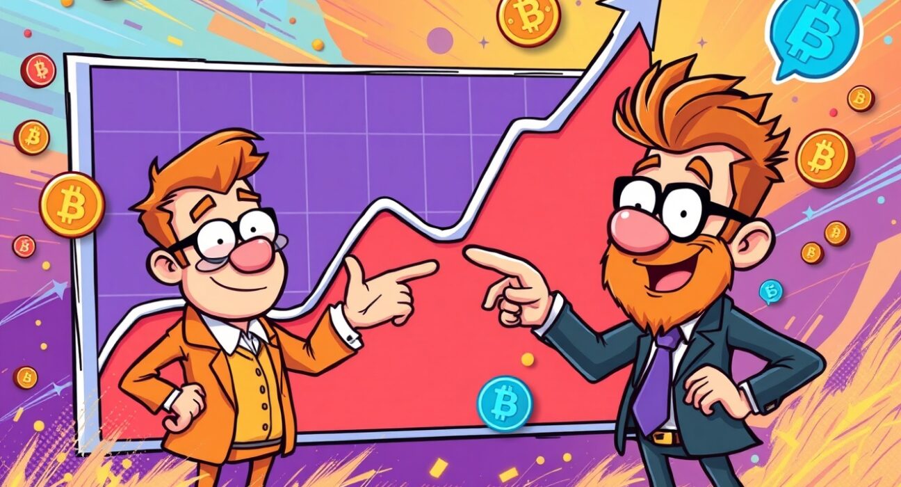 Cartoon illustration showing a crypto correction followed by a market surge, emphasizing the temporary nature of the dip and the potential for growth in the cryptocurrency market.