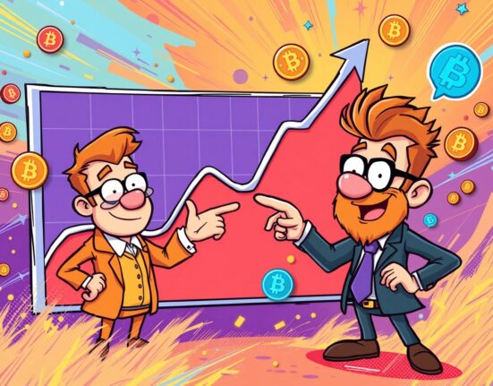 Cartoon illustration showing a crypto correction followed by a market surge, emphasizing the temporary nature of the dip and the potential for growth in the cryptocurrency market.