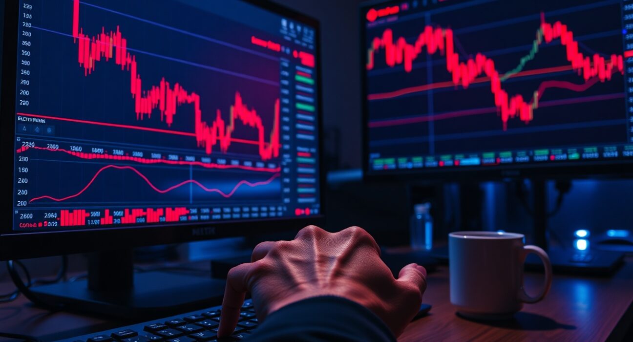 Trader monitors showing red candlestick charts in a dimly lit room, indicating market downturn.