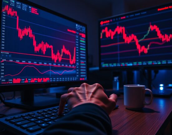 Trader monitors showing red candlestick charts in a dimly lit room, indicating market downturn.