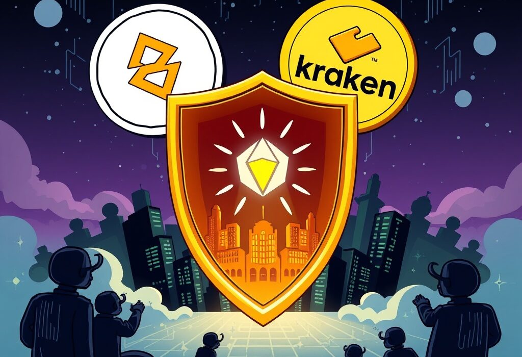 A cartoon illustration showing major cryptocurrency exchanges uniting with TRM Labs' Beacon Network to combat crypto crime and secure digital assets.