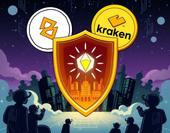 A cartoon illustration showing major cryptocurrency exchanges uniting with TRM Labs' Beacon Network to combat crypto crime and secure digital assets.