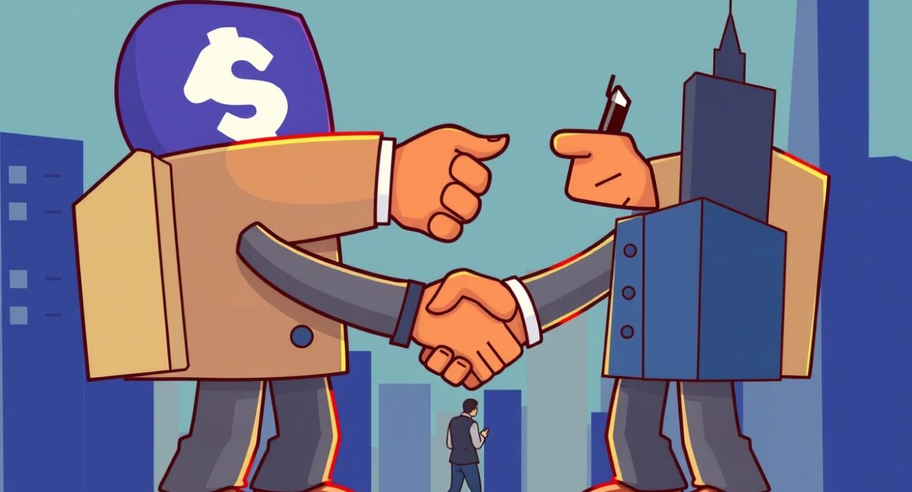 A cartoon depicting two companies amicably separating after a crypto custody joint venture, highlighting strategic refocus.