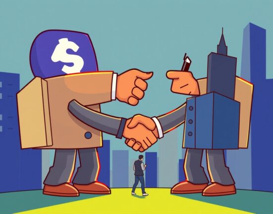 A cartoon depicting two companies amicably separating after a crypto custody joint venture, highlighting strategic refocus.