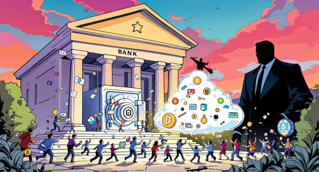 Cartoon illustration showing crypto and fintech groups advocating for open crypto data access against a large bank's restrictive policies.