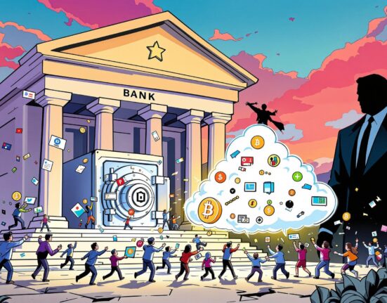 Cartoon illustration showing crypto and fintech groups advocating for open crypto data access against a large bank's restrictive policies.
