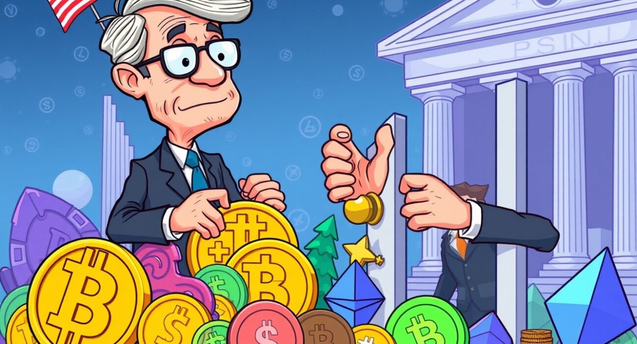 A cartoon comptroller actively resolving crypto de-banking issues, opening banking access for digital assets and fostering financial inclusion.