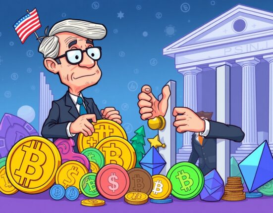 A cartoon comptroller actively resolving crypto de-banking issues, opening banking access for digital assets and fostering financial inclusion.