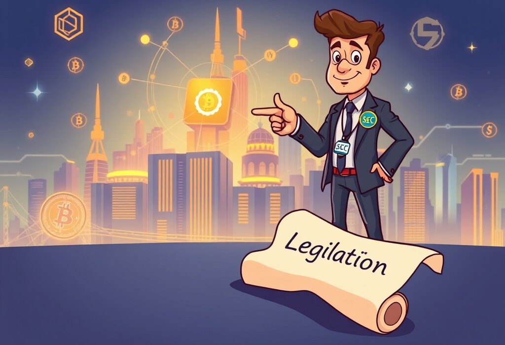 A cartoon SEC Chair encourages crypto development to advance, symbolizing the push for digital asset innovation without legislative delays.