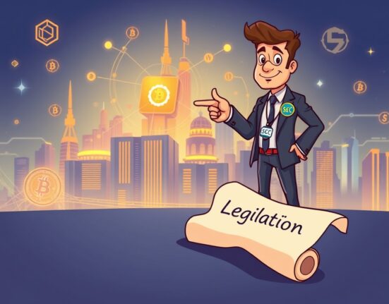 A cartoon SEC Chair encourages crypto development to advance, symbolizing the push for digital asset innovation without legislative delays.