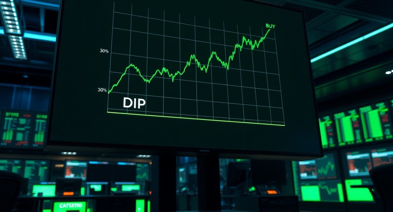 Digital trading screen showing a green chart with a dip and buy signal in a modern financial office.
