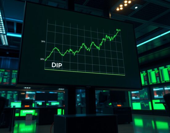 Digital trading screen showing a green chart with a dip and buy signal in a modern financial office.