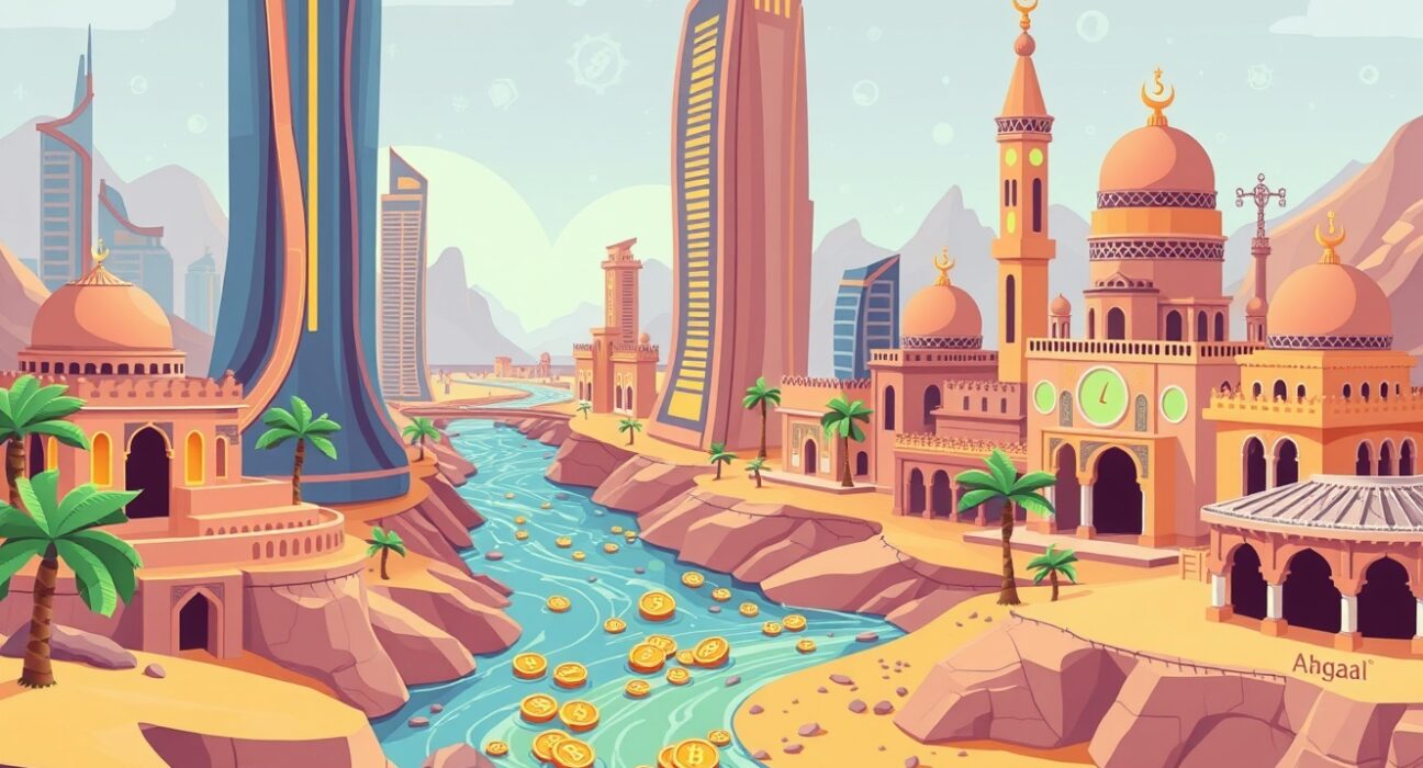Cartoon illustration of tokenized real-world assets bridging Dubai's modern trade with blockchain technology.