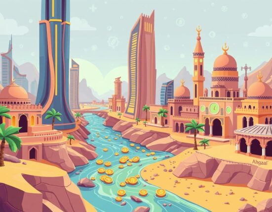 Cartoon illustration of tokenized real-world assets bridging Dubai's modern trade with blockchain technology.