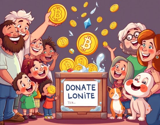 Vibrant cartoon showing crypto donations transforming into food, water and animal rescue through charitable giving