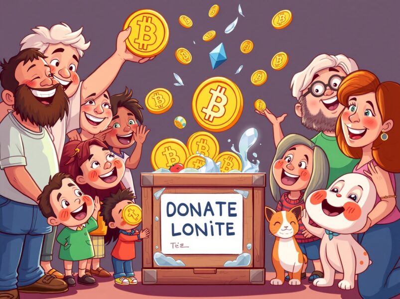 Vibrant cartoon showing crypto donations transforming into food, water and animal rescue through charitable giving