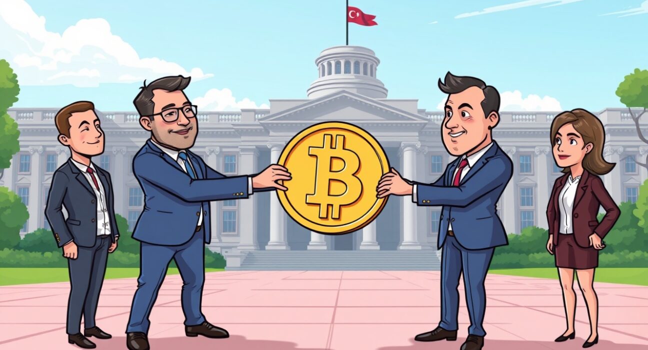 Cartoon showing major tech and crypto leaders making significant crypto donations to a new White House project.