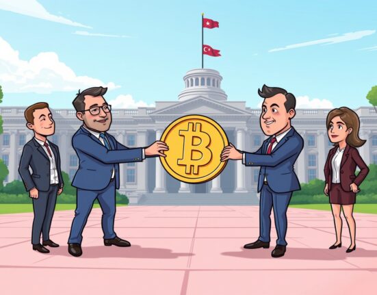 Cartoon showing major tech and crypto leaders making significant crypto donations to a new White House project.