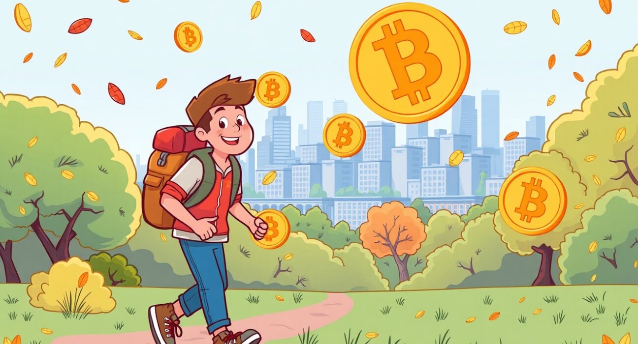 Cheerful crypto investor navigating current market downturn with confidence and stability