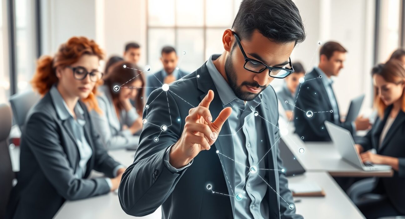 Professionals engaging with decentralized work interfaces in a modern workspace, representing the shift from crypto buying to earning.