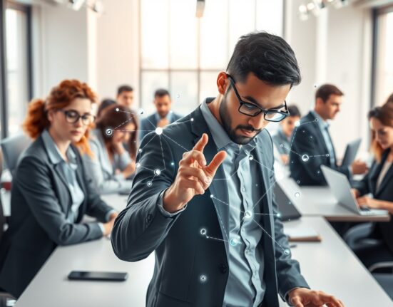 Professionals engaging with decentralized work interfaces in a modern workspace, representing the shift from crypto buying to earning.