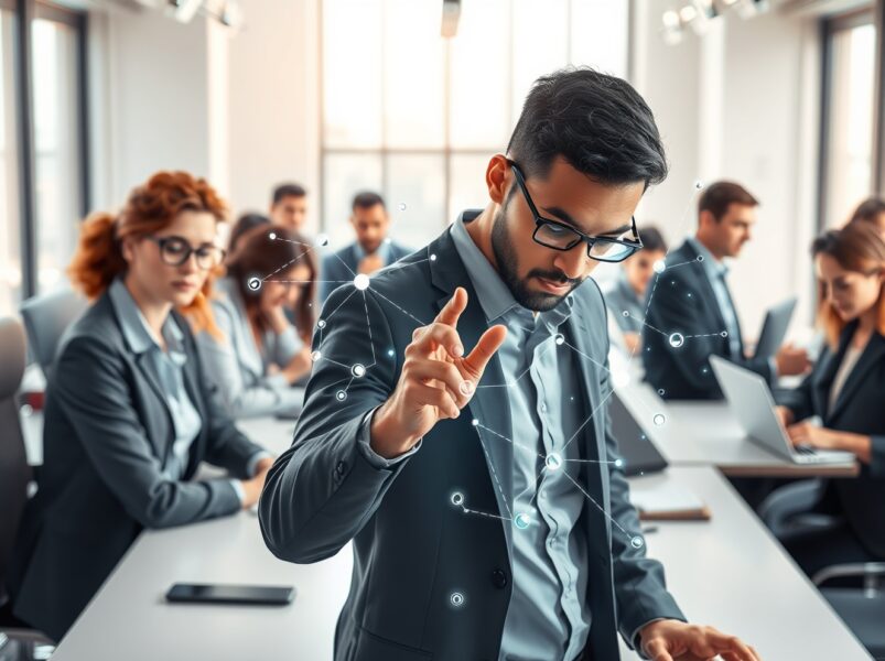 Professionals engaging with decentralized work interfaces in a modern workspace, representing the shift from crypto buying to earning.