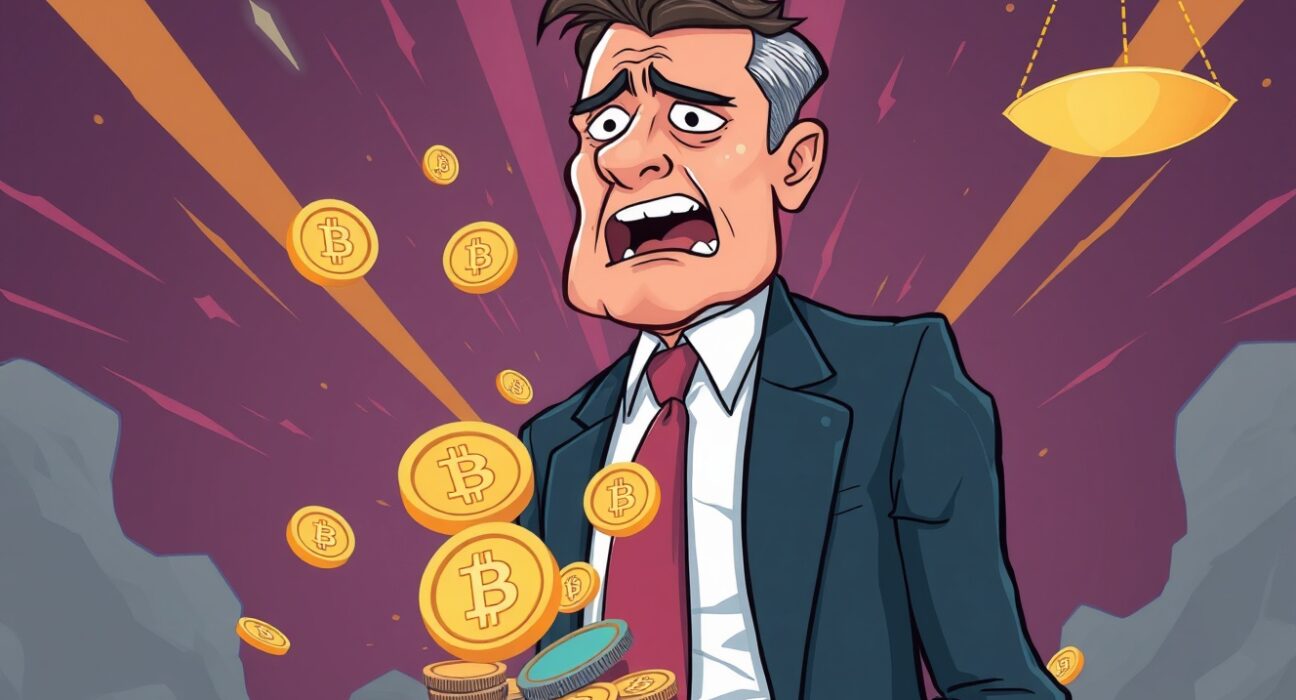 Cartoon illustration of crypto embezzlement case showing businessman losing digital currency