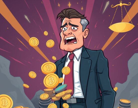 Cartoon illustration of crypto embezzlement case showing businessman losing digital currency