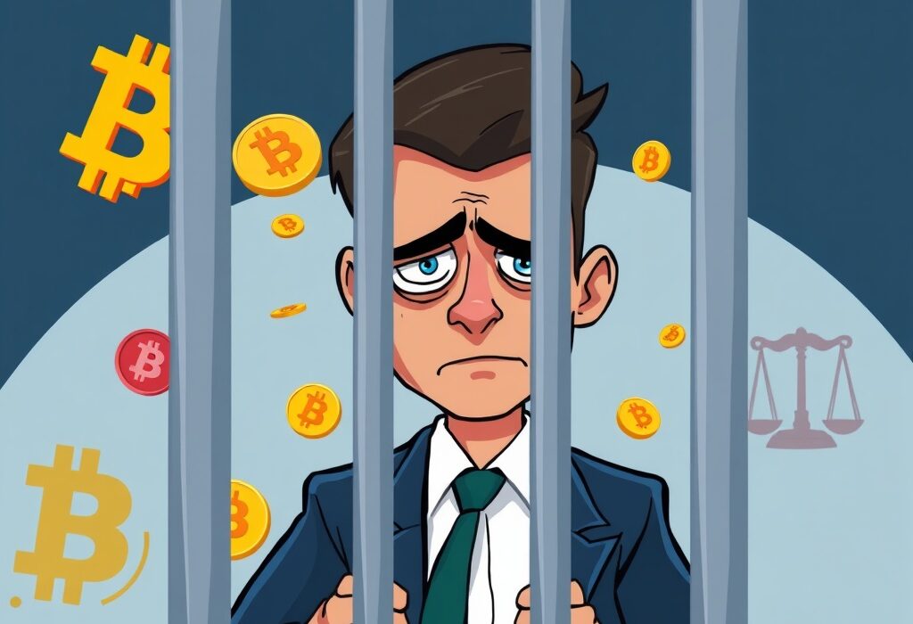 Cartoon showing the severe legal consequences of crypto embezzlement, with a tech executive jailed for digital asset fraud.