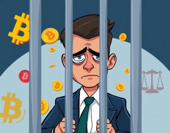 Cartoon showing the severe legal consequences of crypto embezzlement, with a tech executive jailed for digital asset fraud.