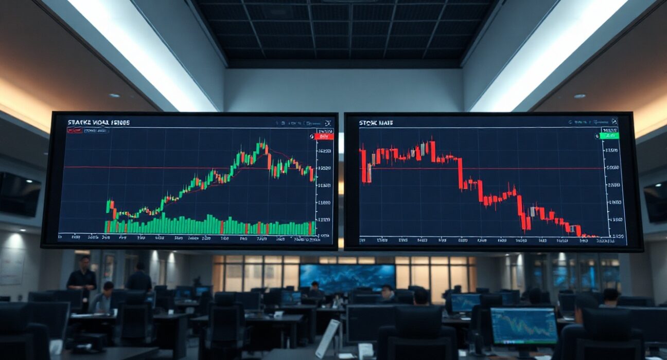 Comparison of cryptocurrency and stock market charts showing divergent trends